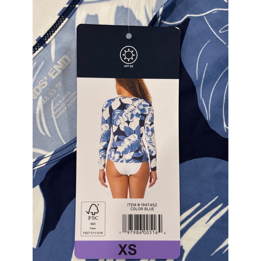 Lands' End XS Rash Guard Women Blue Tropical Floral UPF 50 Long Sleeve Swim - Picture 4 of 6